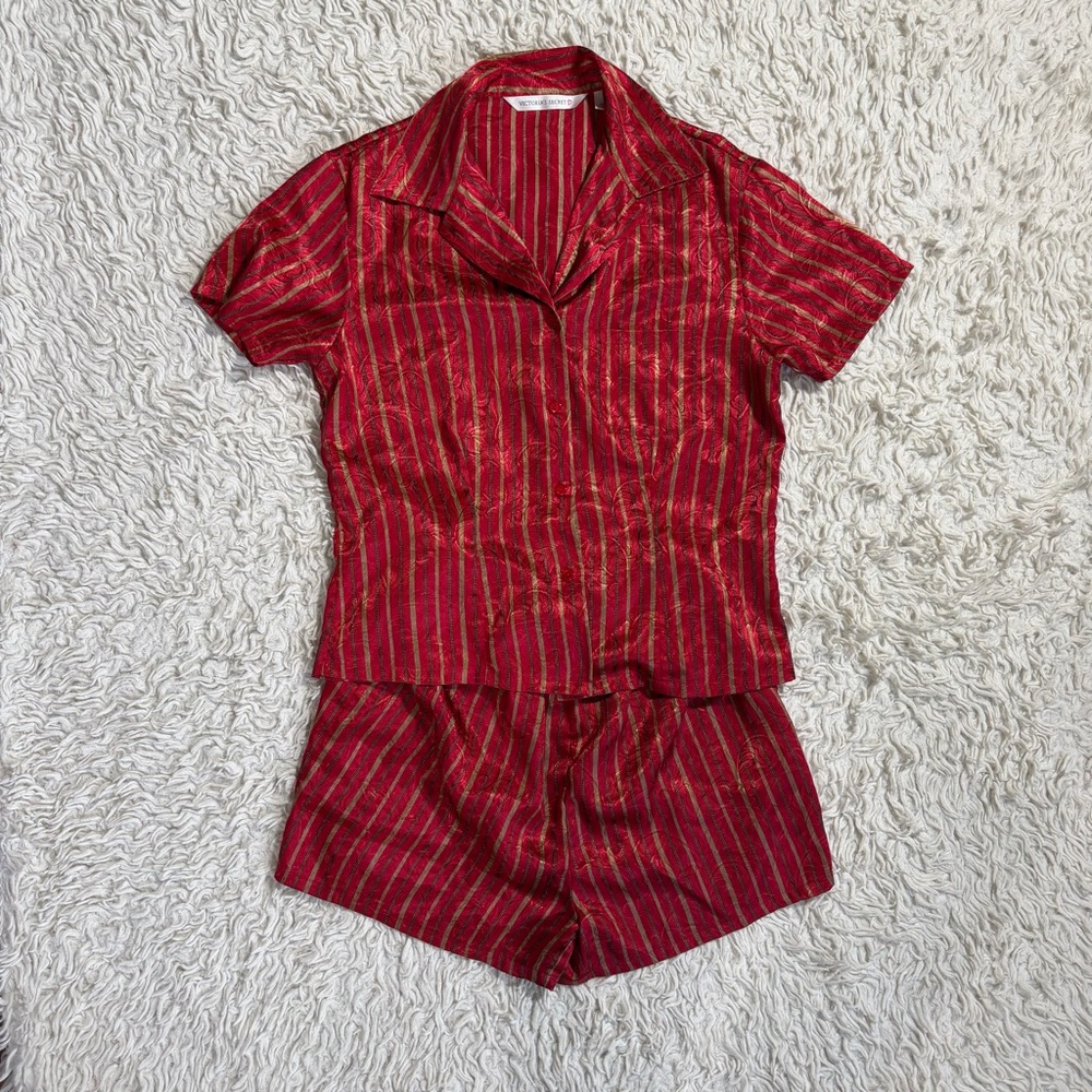 90s Victoria's Secret Red Gold Striped Short Sleeve Button Down Pajama Set